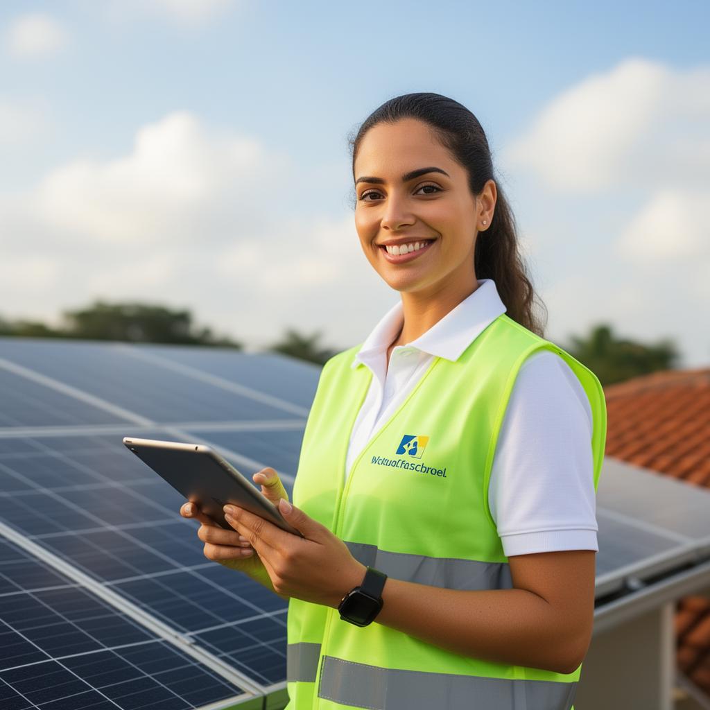 Engenheira da Oare Energia inspecionando uma instalação solar residencial